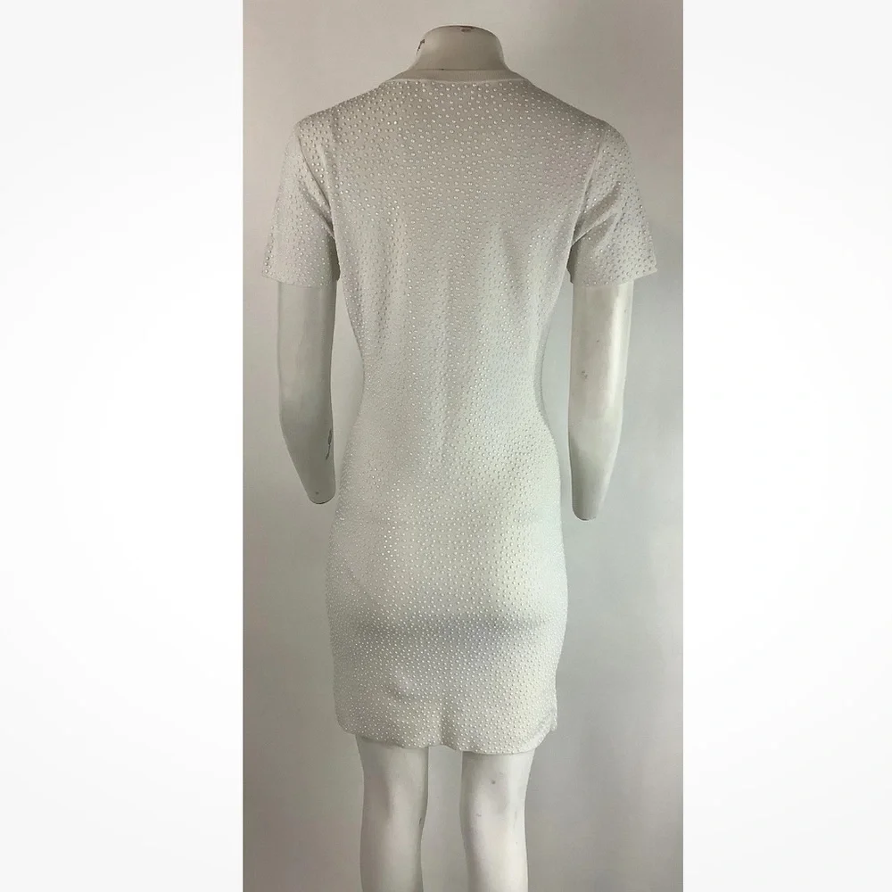 Alice Olivia Sz M All Over Beaded Studded Sheath Pullover Dress White Nylon - Picture 5 of 8